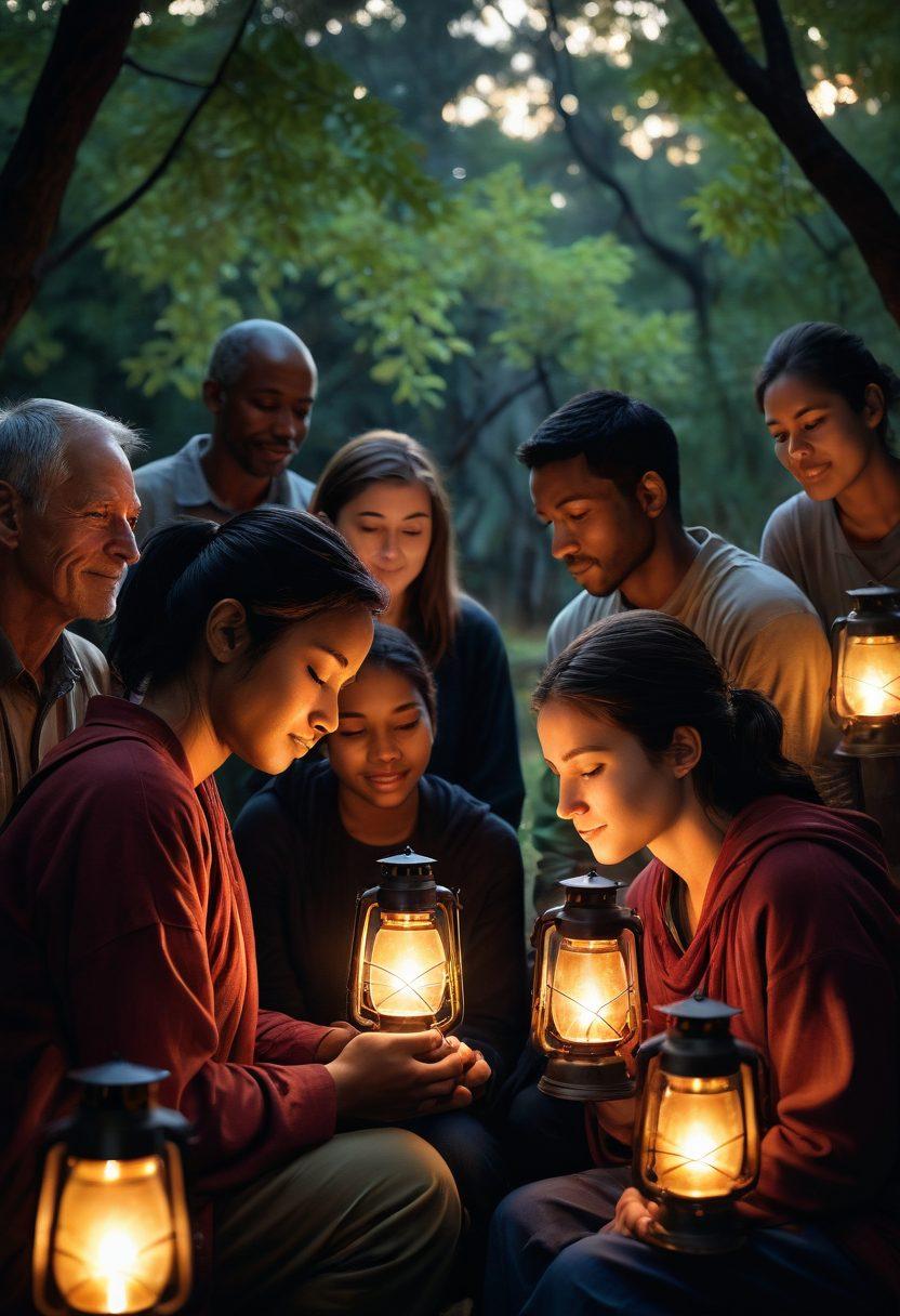 A serene scene depicting a diverse group of individuals huddled together, sharing warmth and light amidst a dark, shadowy background. A glowing lantern in the center symbolizes hope, while gentle expressions and supportive gestures illustrate connection and empathy. Soft rays of light emanate from the lantern, illuminating their faces and casting a warm glow over a tranquil landscape. The atmosphere conveys both the weight of sadness and the uplifting spirit of community. super-realistic. warm colors. soft focus.
