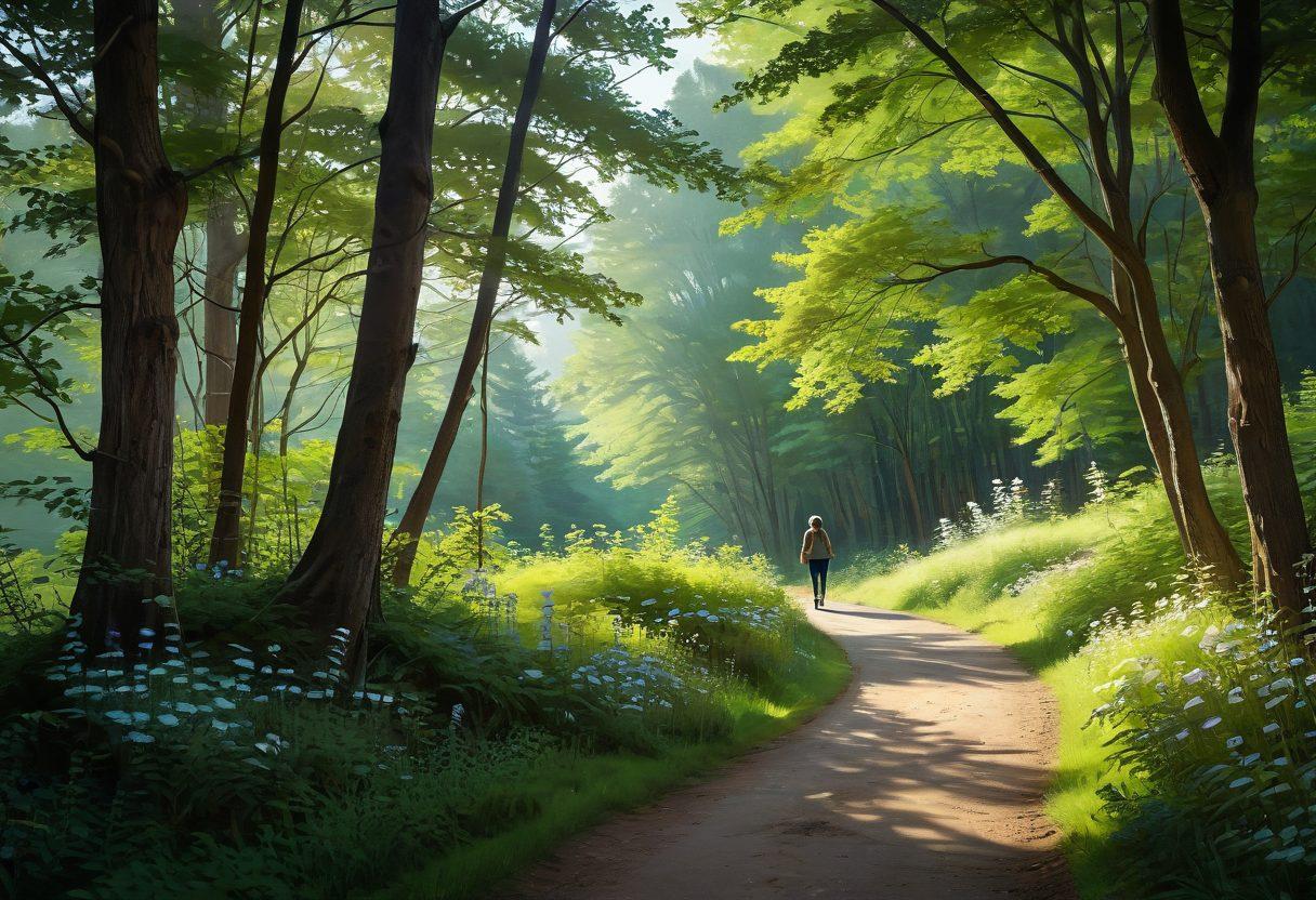 A serene landscape depicting a winding path through a tranquil forest, where two silhouettes are gently walking together, symbolizing connection and support. Soft, warm light filters through the trees, creating a comforting atmosphere. In the foreground, blooming flowers represent hope and healing. The scene evokes feelings of peace and compassion. impressionistic. soft color palette. natural lighting.