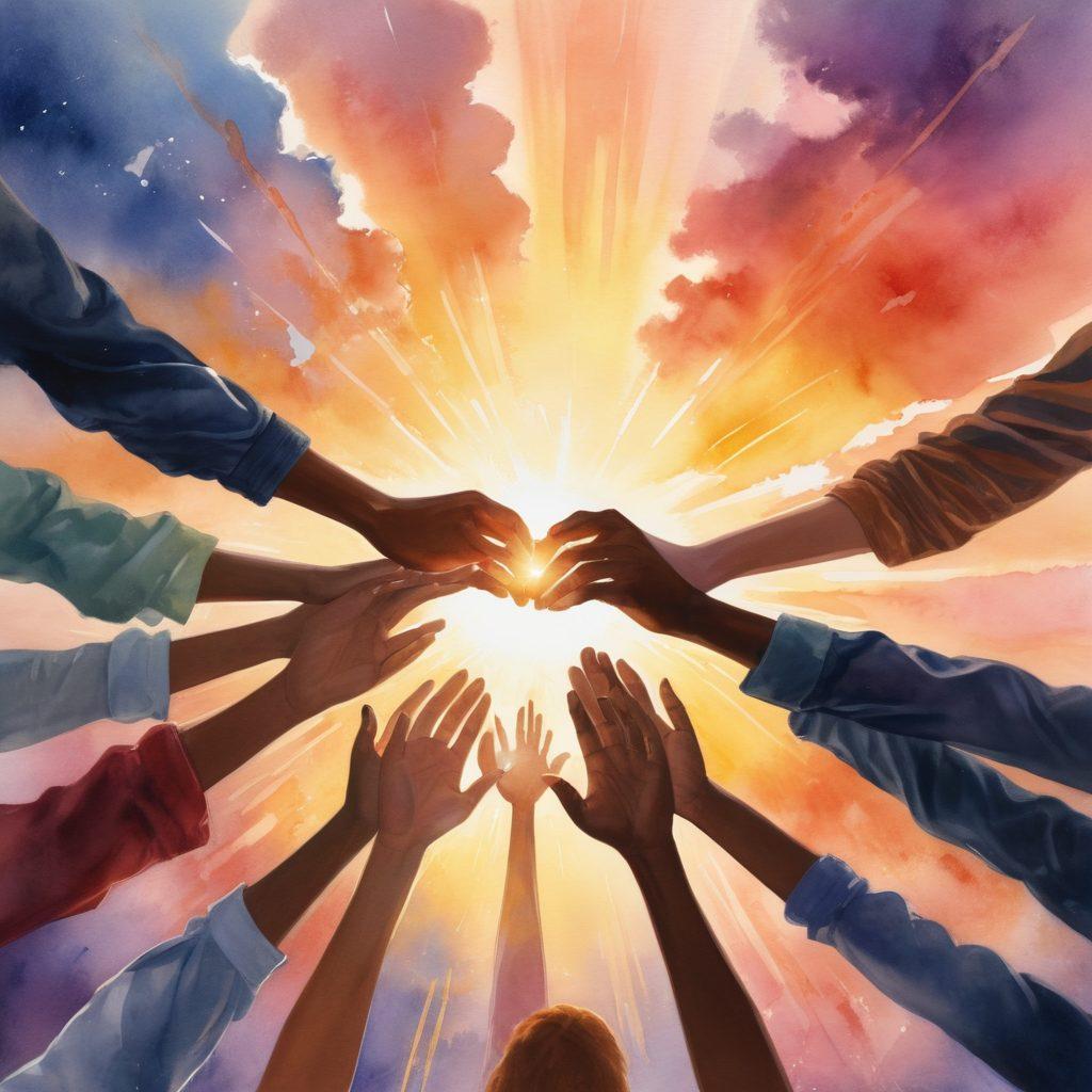 A powerful sunrise breaking through dark clouds, symbolizing hope and resilience. In the foreground, diverse individuals from different backgrounds are holding hands in solidarity, forming a supportive circle. Soft rays of light illuminate their faces, showcasing determination and strength. An ethereal glow surrounds the group, suggesting a positive transformation. watercolor. vibrant colors. uplifting atmosphere.